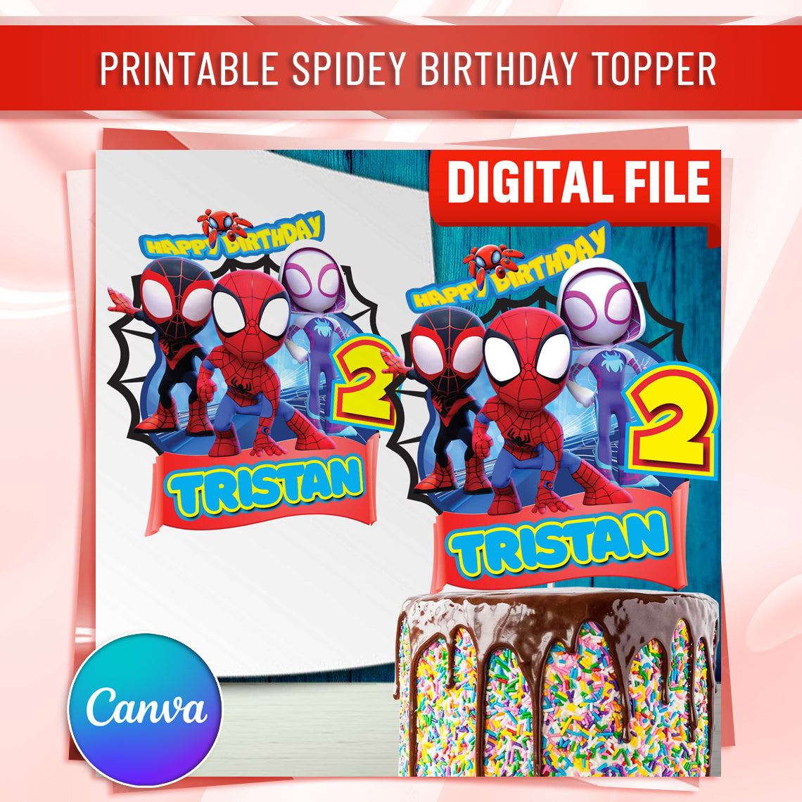 Spidey-Geburtstags-Kuchenaufsatz aus Kunststoff, Spidey-Themenparty, personalisierter Kuchenaufsatz