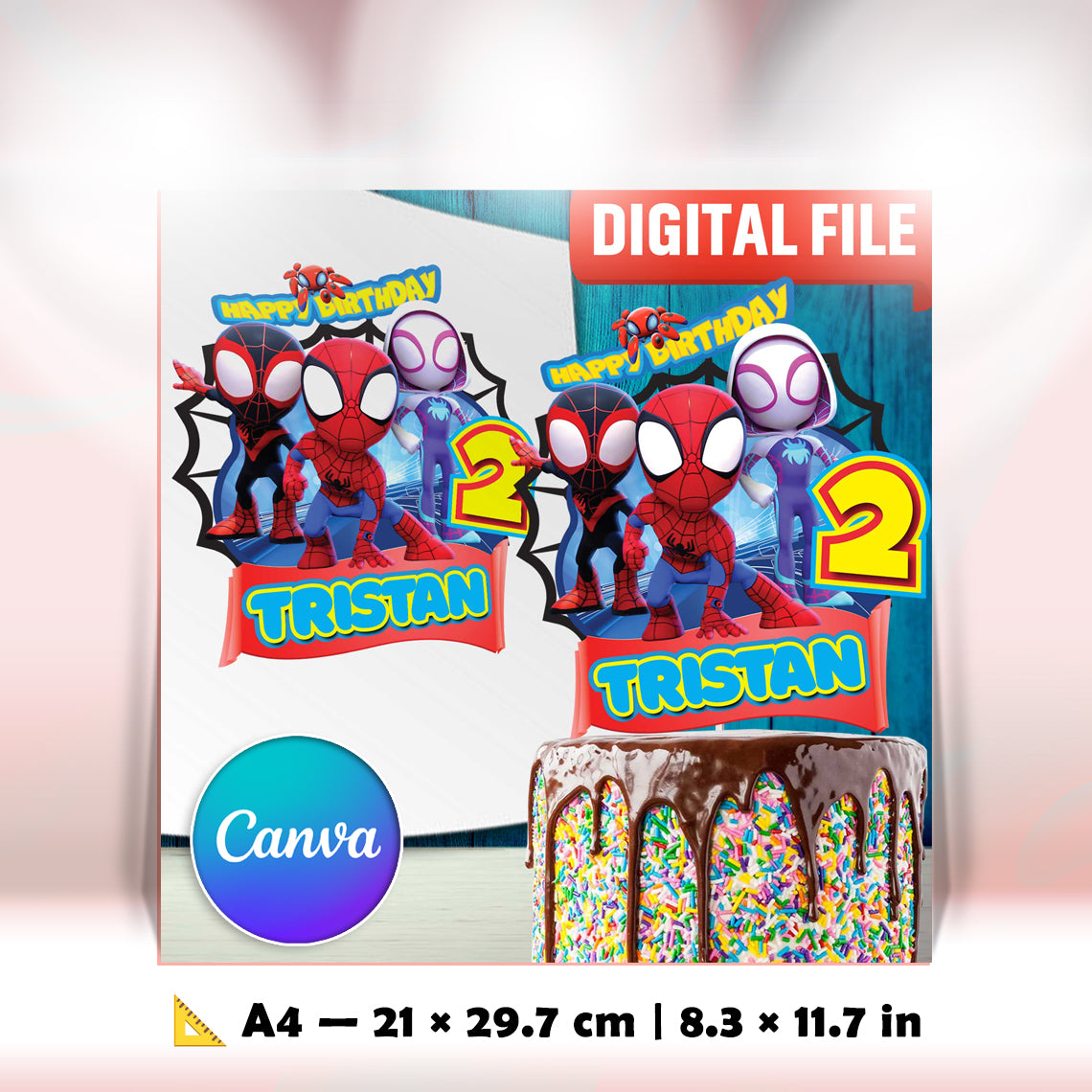Spidey-Geburtstags-Kuchenaufsatz aus Kunststoff, Spidey-Themenparty, personalisierter Kuchenaufsatz