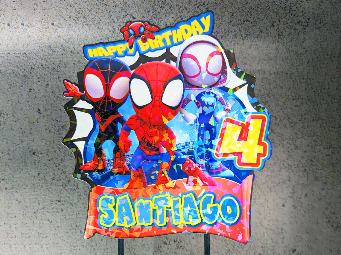 Spidey-Geburtstags-Kuchenaufsatz aus Kunststoff, Spidey-Themenparty, personalisierter Kuchenaufsatz
