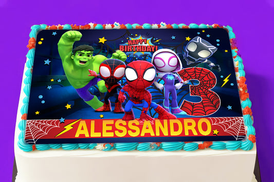 Spidey Birthday Themed Edible Cake Topper - Rectangular Design - Wafer Paper, Sugar Sheet, Chocotransfer