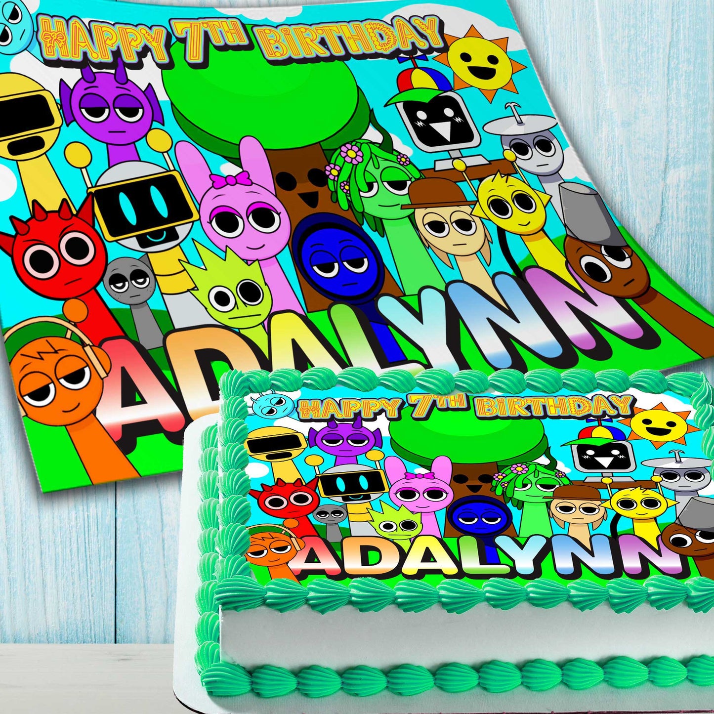 Sprunki Kids Birthday Edible Cake Topper – Rectangular Design – Wafer Paper, Sugar Sheet, Chocotransfer