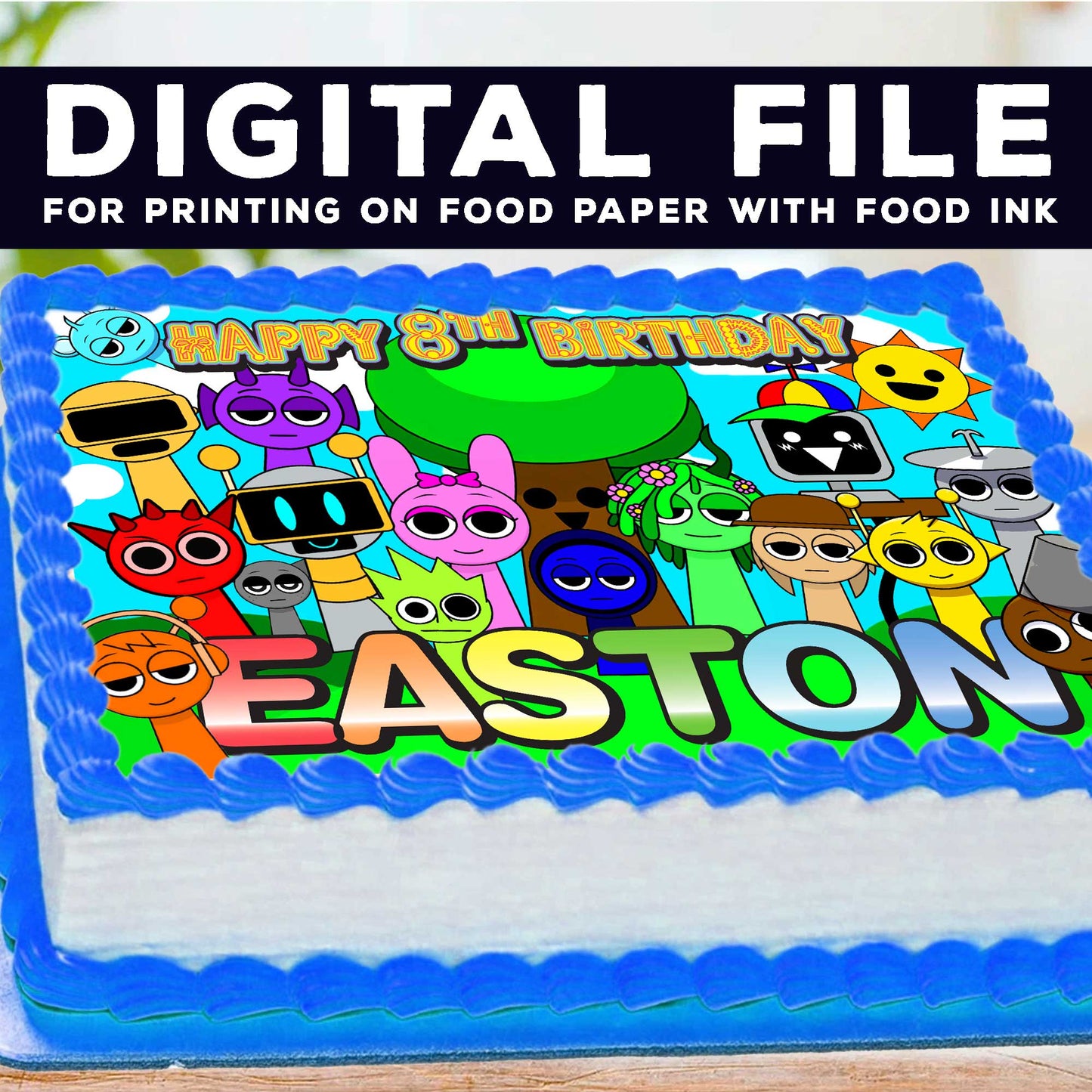 Sprunki Kids Birthday Edible Cake Topper – Rectangular Design – Wafer Paper, Sugar Sheet, Chocotransfer