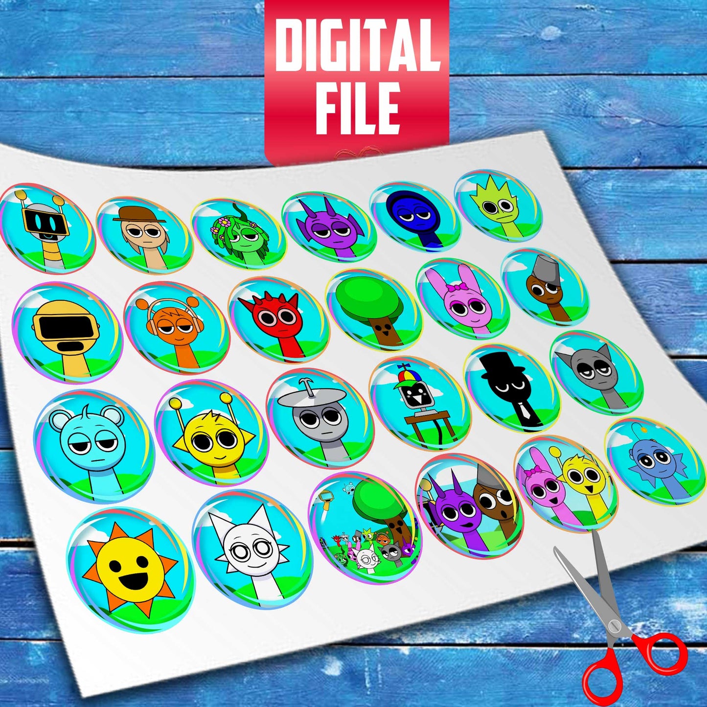 24 Sprunki Kids Edible Cupcake Toppers - Precut on Wafer Paper, Sugar Sheet, or without cutting Chocotransfer