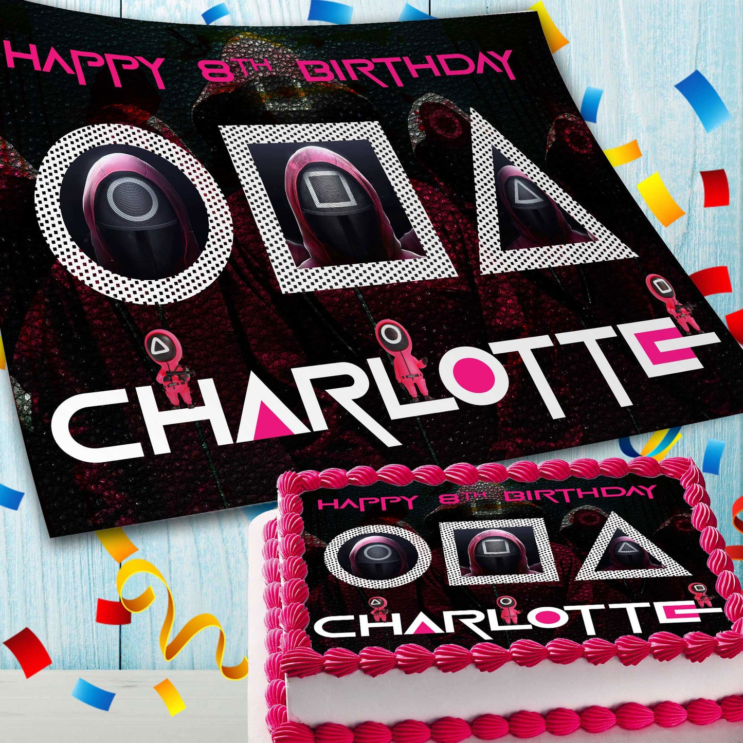 Squid Game Birthday Themed Edible Cake Topper - Rectangular Design - Wafer Paper, Sugar Sheet, Chocotransfer