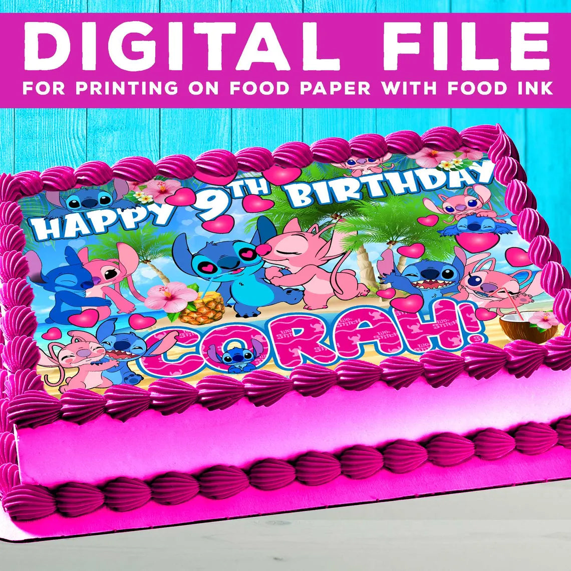 Stitch and Angel Birthday Themed Edible Cake Topper - Rectangular Design - Wafer Paper, Sugar Sheet, Chocotransfer
