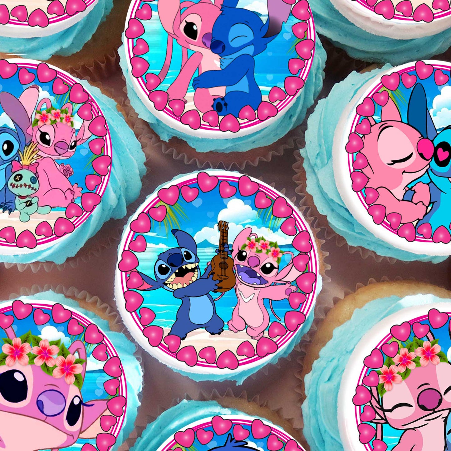 Stitch and Angel Cupcake Toppers β Precut Edible Wafer, Sugar Sheet or Chocotransfer