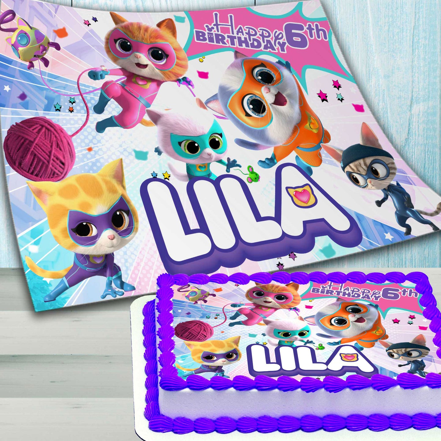 SuperKitties Birthday Themed Edible Cake Topper β Rectangular Design β Wafer Paper, Sugar Sheet, Chocotransfer