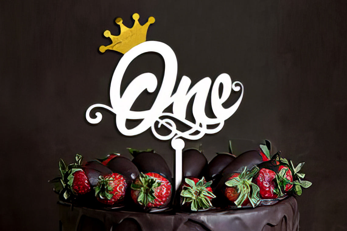 White Acrylic "One" Cake Topper with Gold Crown | Elegant First Birthday Cake Decoration | Unique Customizable Toppers