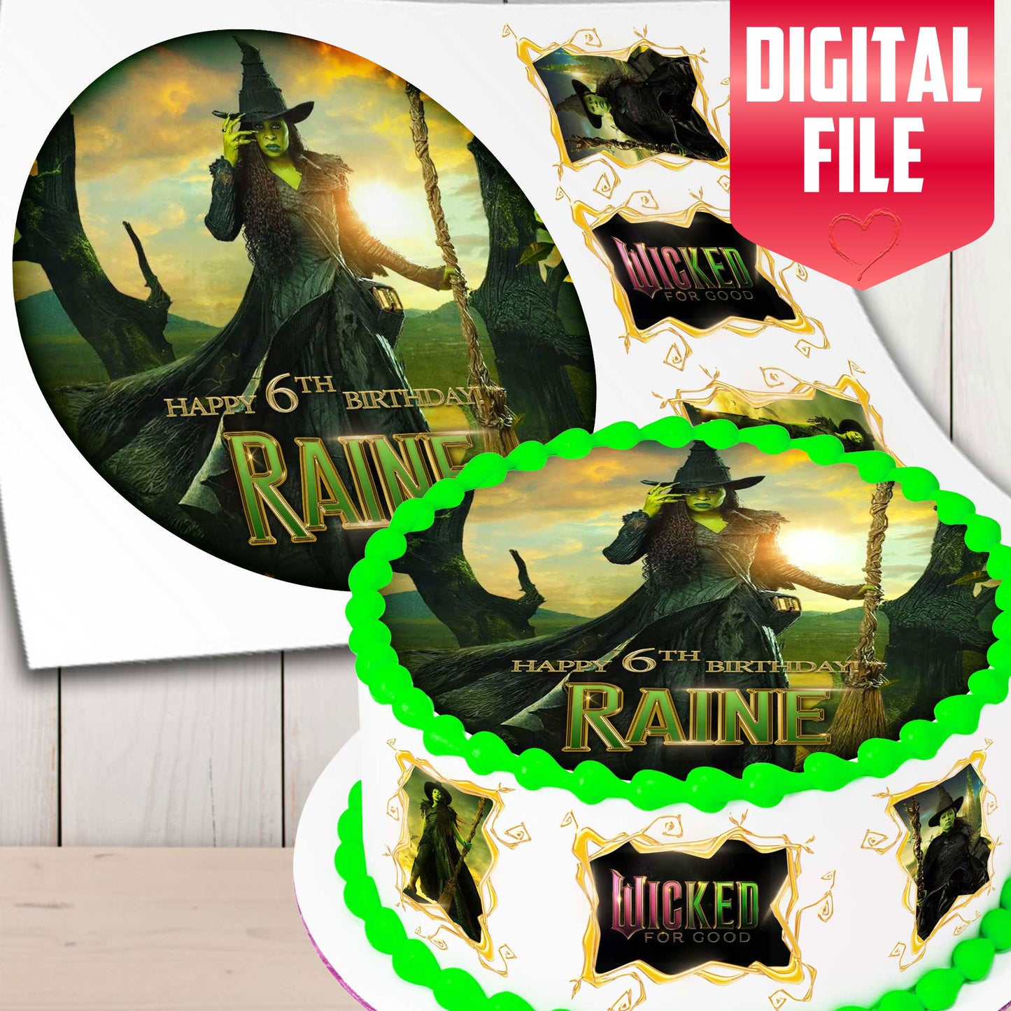 Digital file version of the green witch edible cake topper design with personalized birthday text