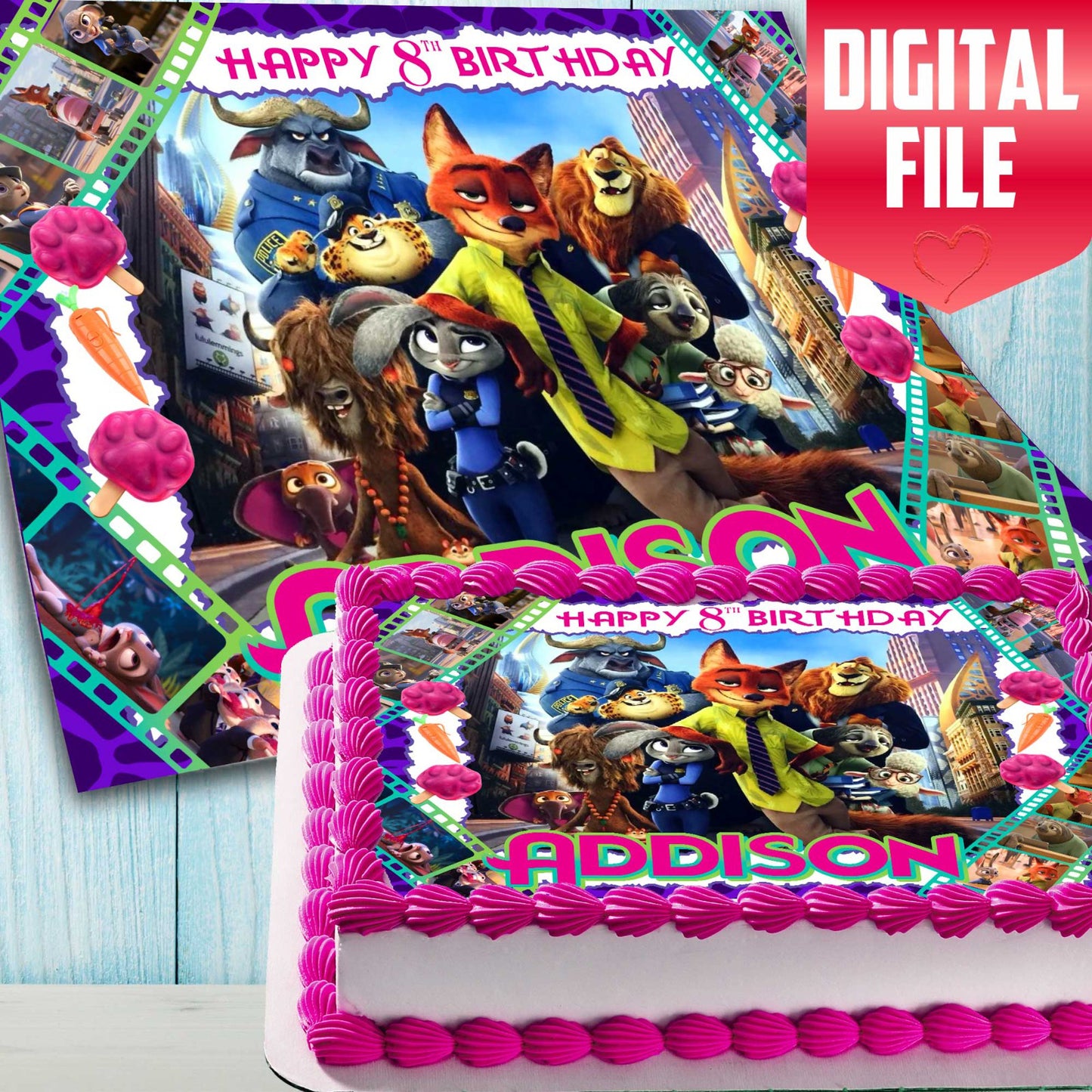 Zootopia rectangular edible cake topper sheet with name and age, wafer paper or sugar sheet decoration