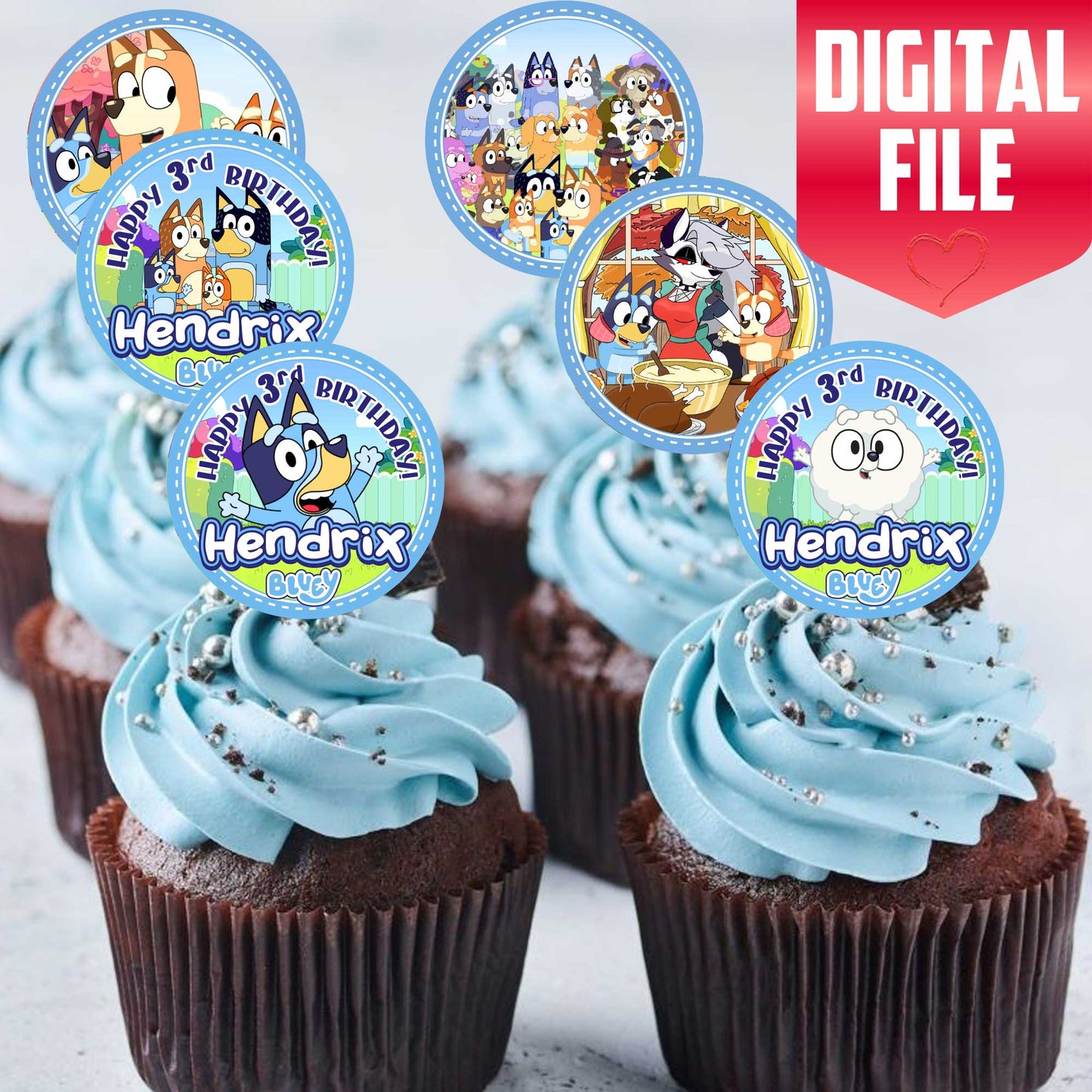 24 Bluey Edible Cupcake Toppers - Precut on Wafer Paper, Sugar Sheet, or without cutting Chocotransfer