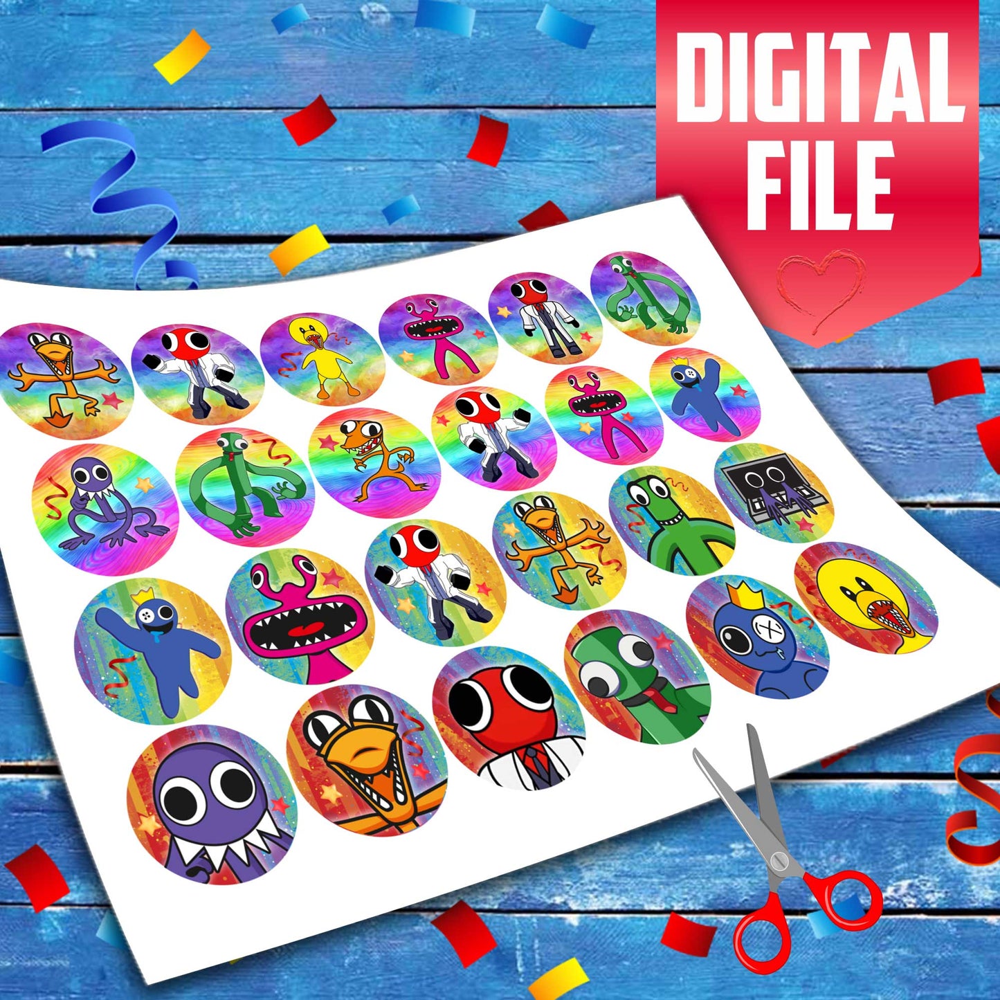Rainbow Friends Edible Cupcake Toppers - 24 Pre-Cut Pieces on Wafer Paper, Sugar Sheet, or without cutting Chocotransfer