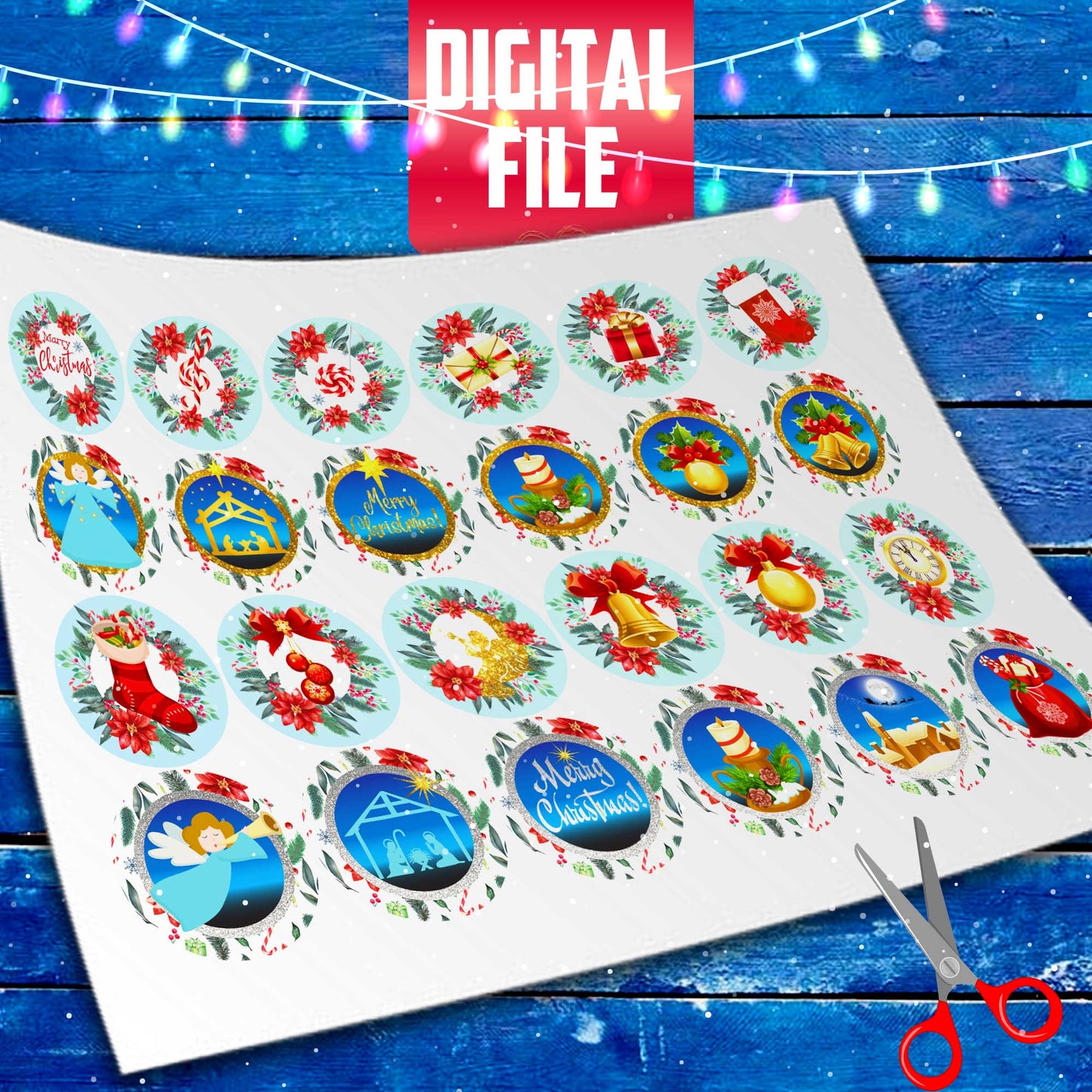 24 Christmas Edible Cupcake Toppers - Precut on Wafer Paper, Sugar Sheet, or without cutting Chocotransfer
