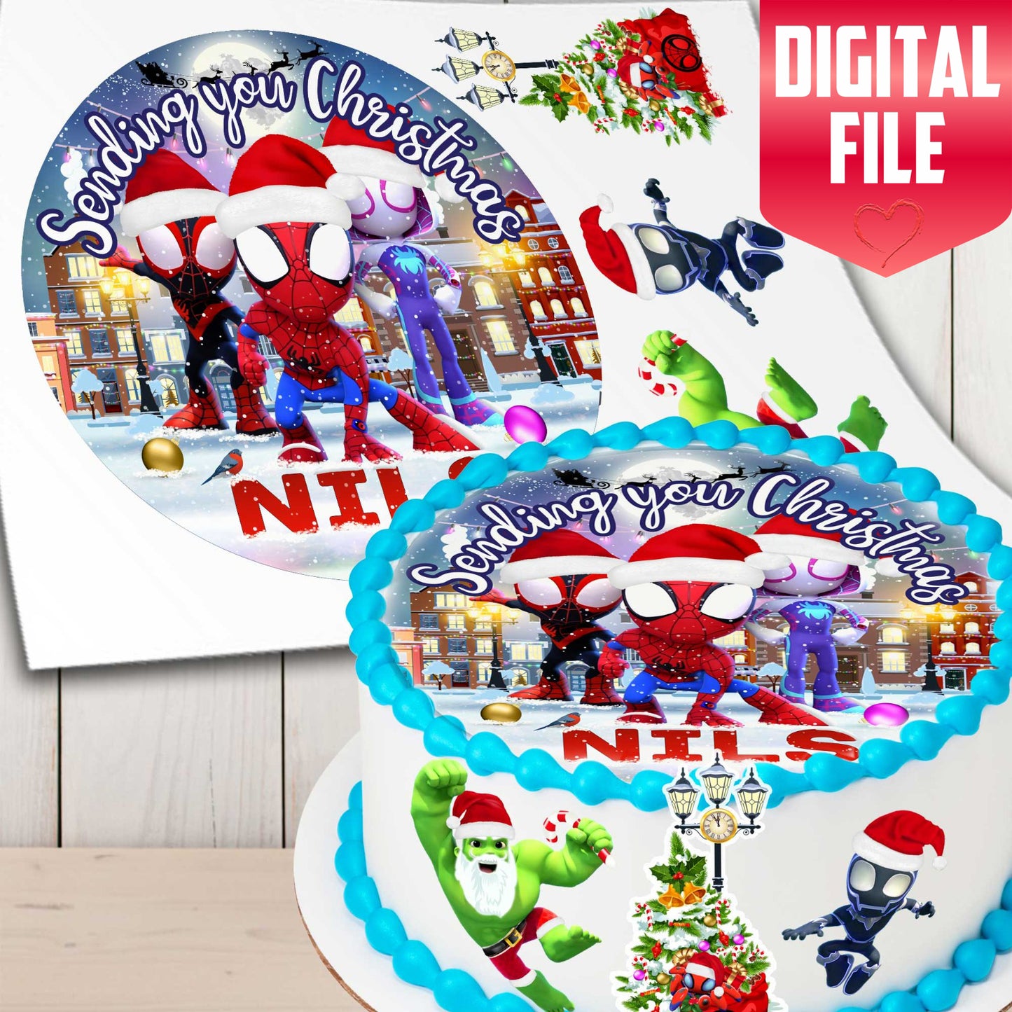 Spidey Christmas Cake Toppers – Set of 4 Precut Edible Wafer, Sugar Sheet or Chocotransfer