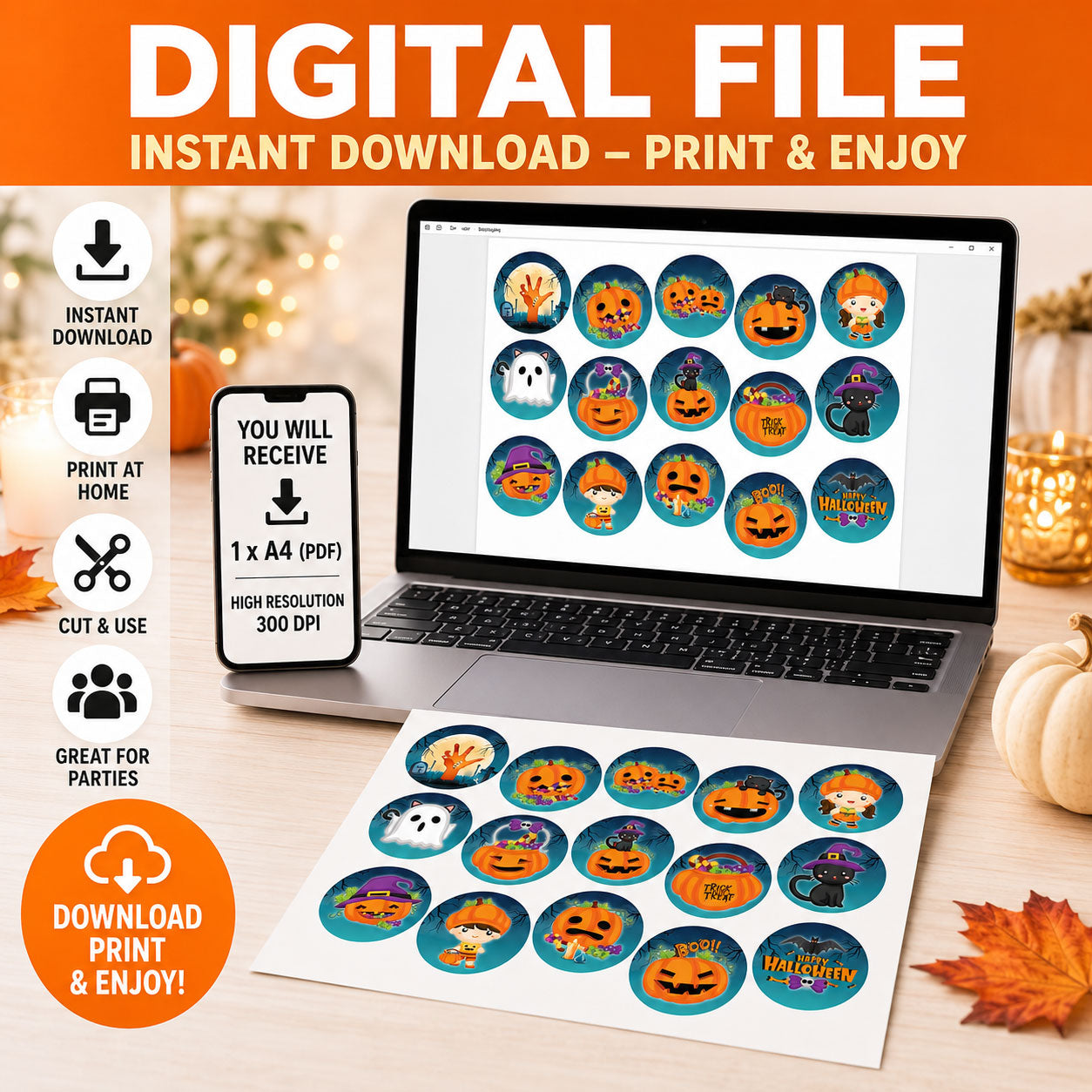 Digital file option for pumpkin patch Halloween edible cake toppers, instant download to print