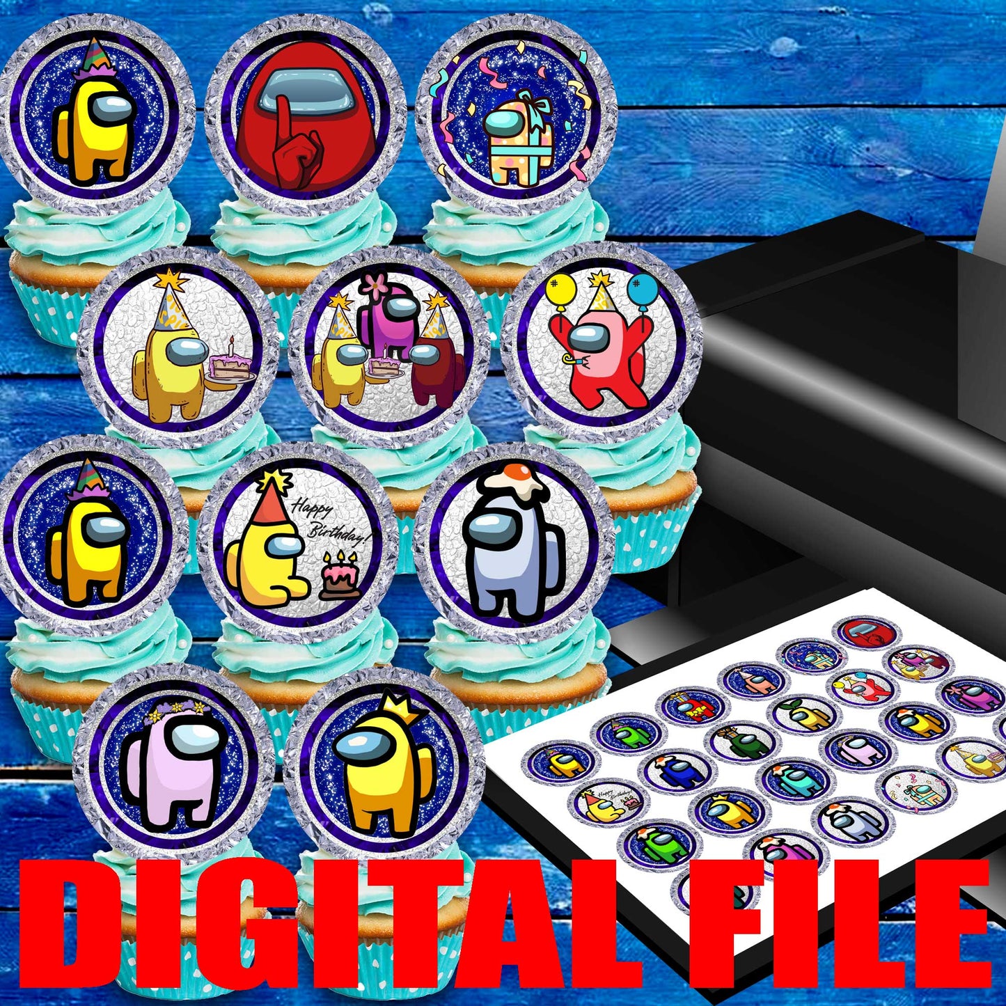 24 Among Us Edible Cupcake Toppers - Precut on Wafer Paper, Sugar Sheet, or without cutting Chocotransfer