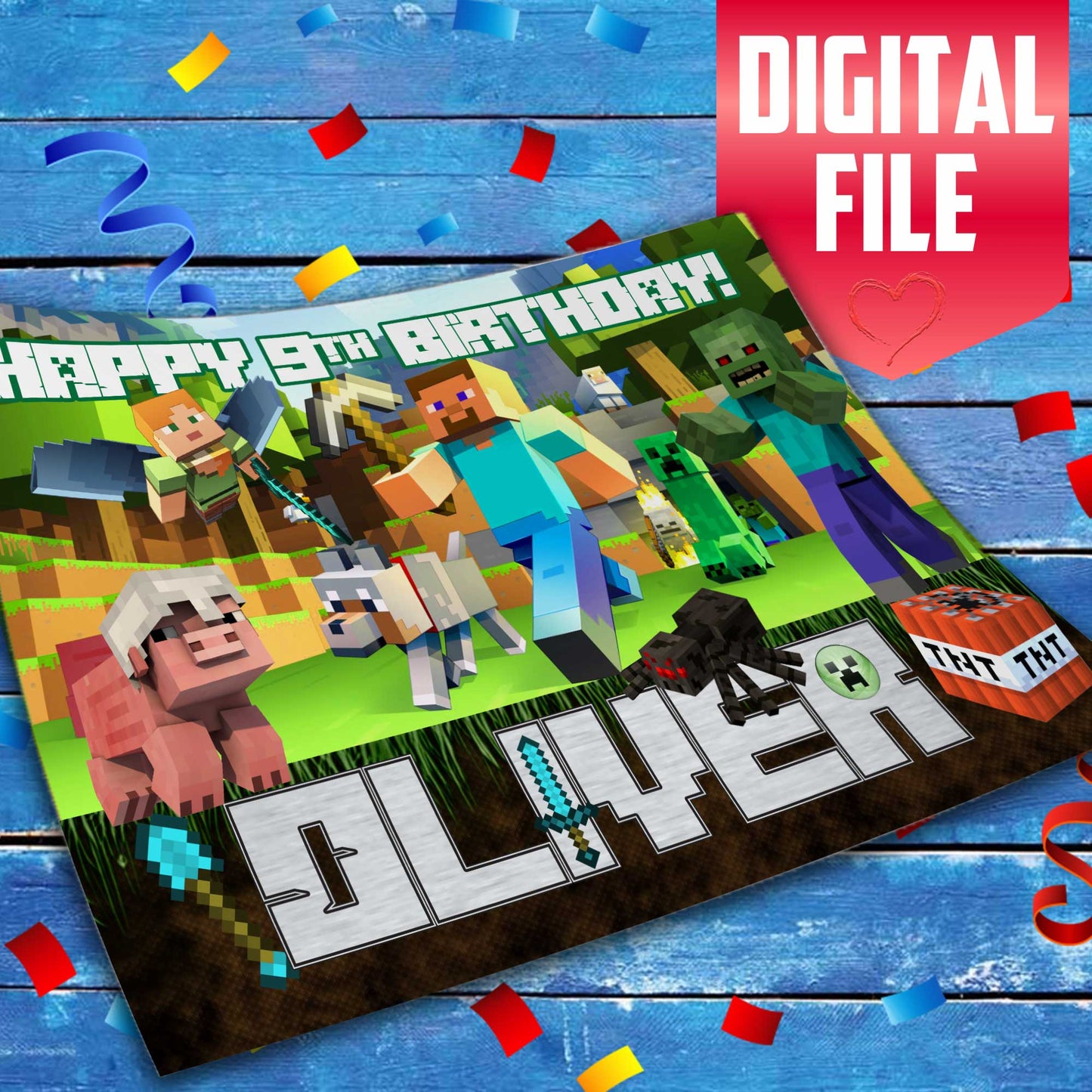 Minecraft Birthday Themed Edible Cake Topper - Rectangular Design - Wafer Paper, Sugar Sheet, Chocotransfer