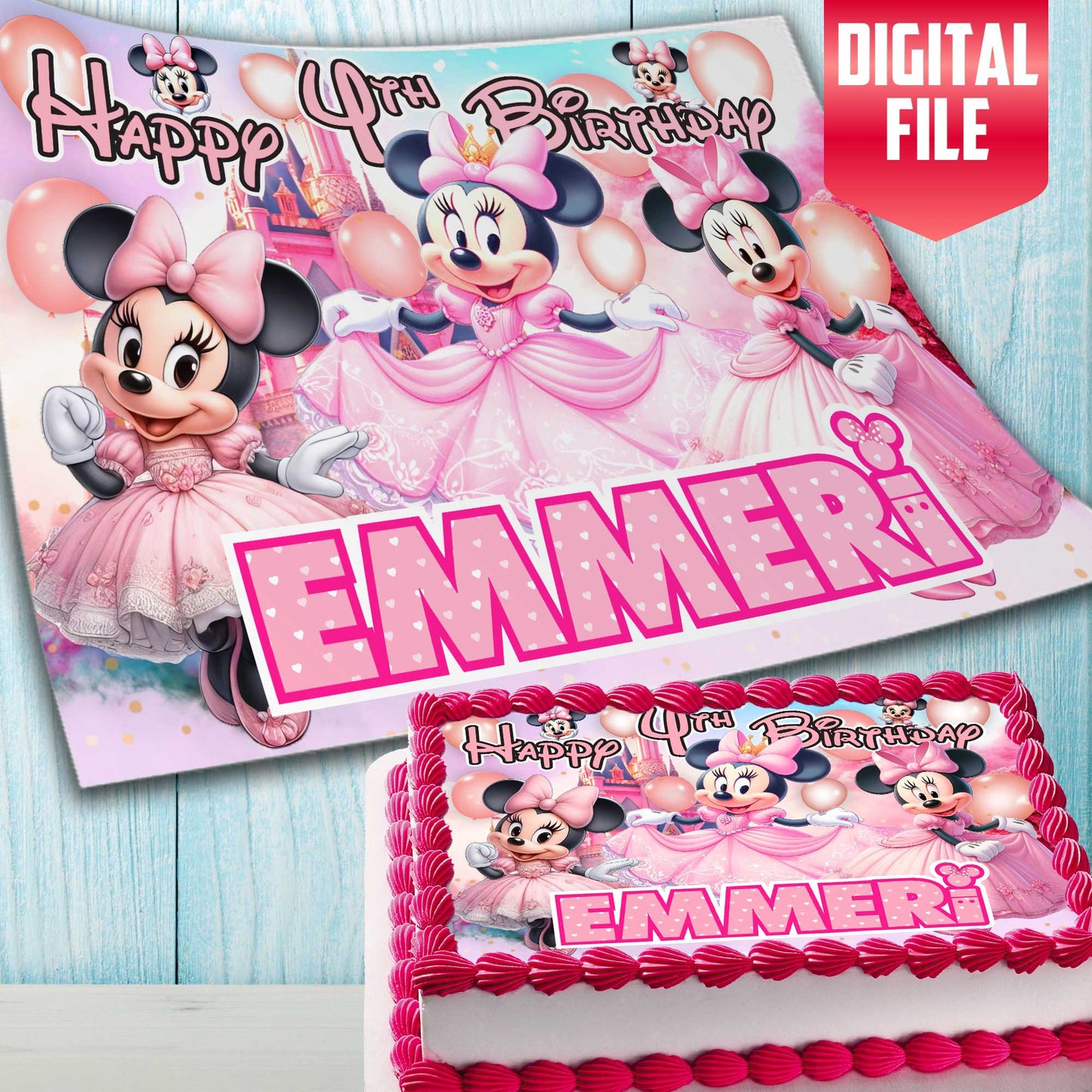 Minnie Mouse Birthday Themed Edible Cake Topper - Rectangular Design - Wafer Paper, Sugar Sheet, Chocotransfer