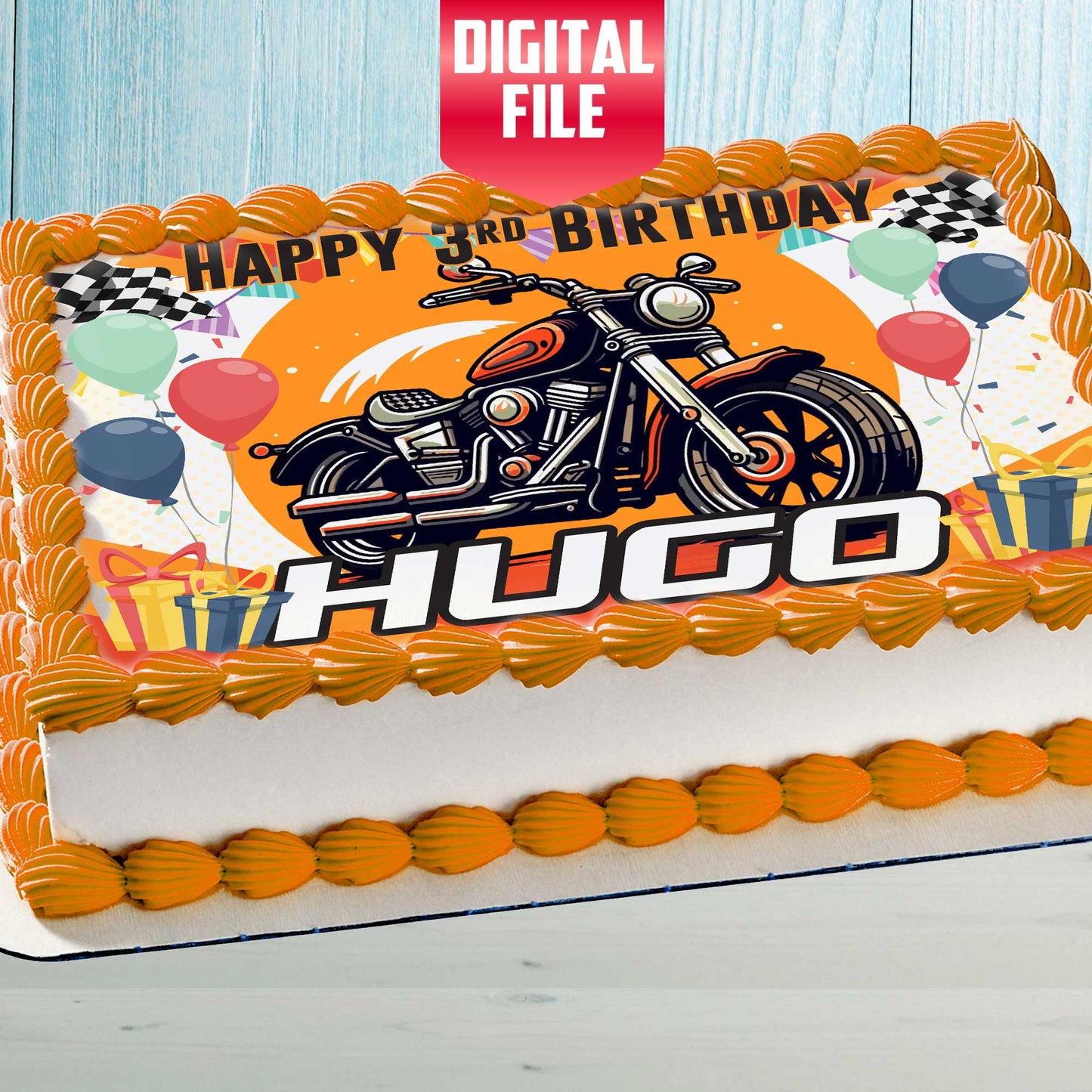 Motorcycle Birthday Cake Topper – Edible Image for Kids Party – Custom Name & Age – Wafer, Sugar Sheet, Chocotransfer