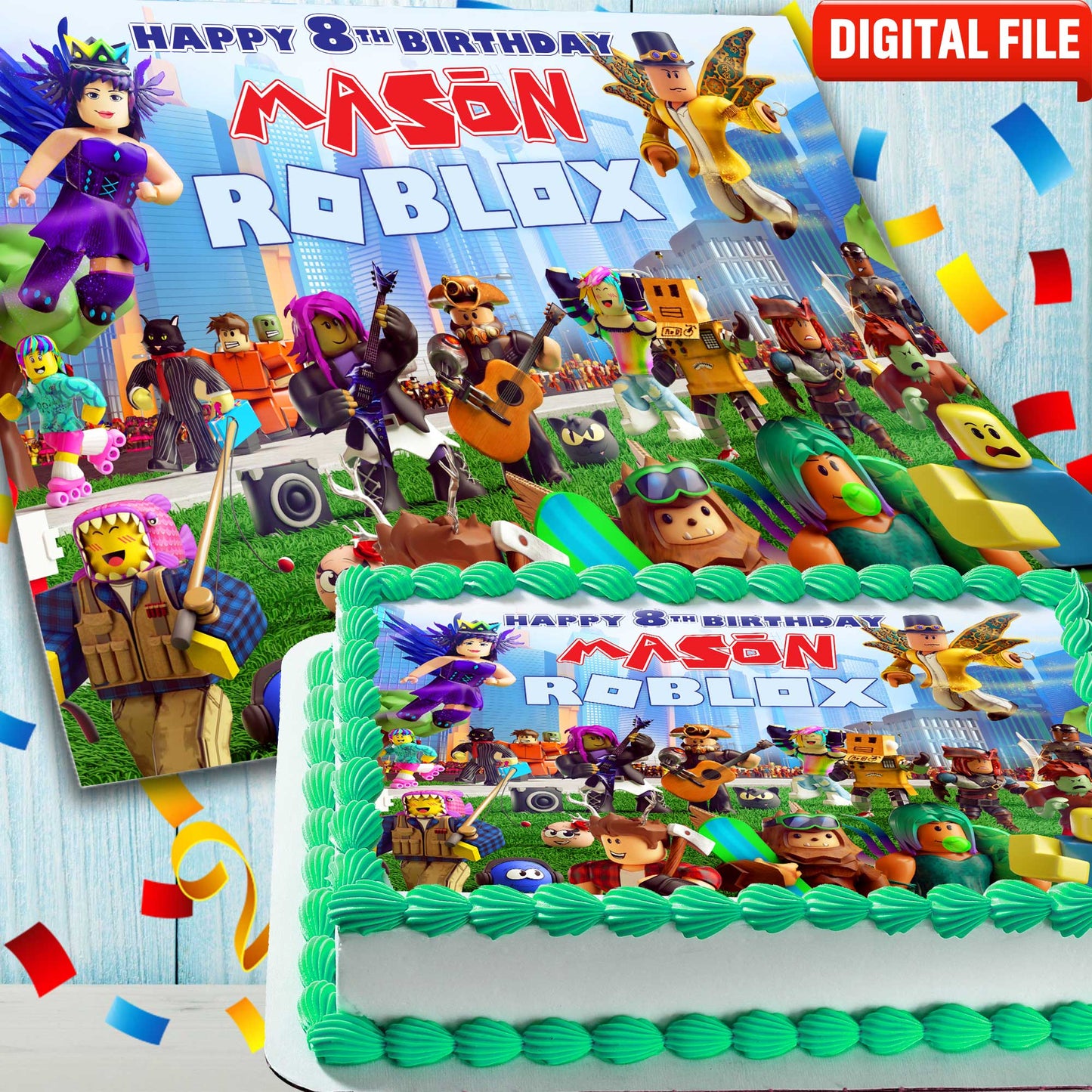 Roblox Birthday Cake Topper – Personalized Edible Image – Custom Gamer Party Decoration – Wafer Paper, Sugar Sheet, Chocotransfer