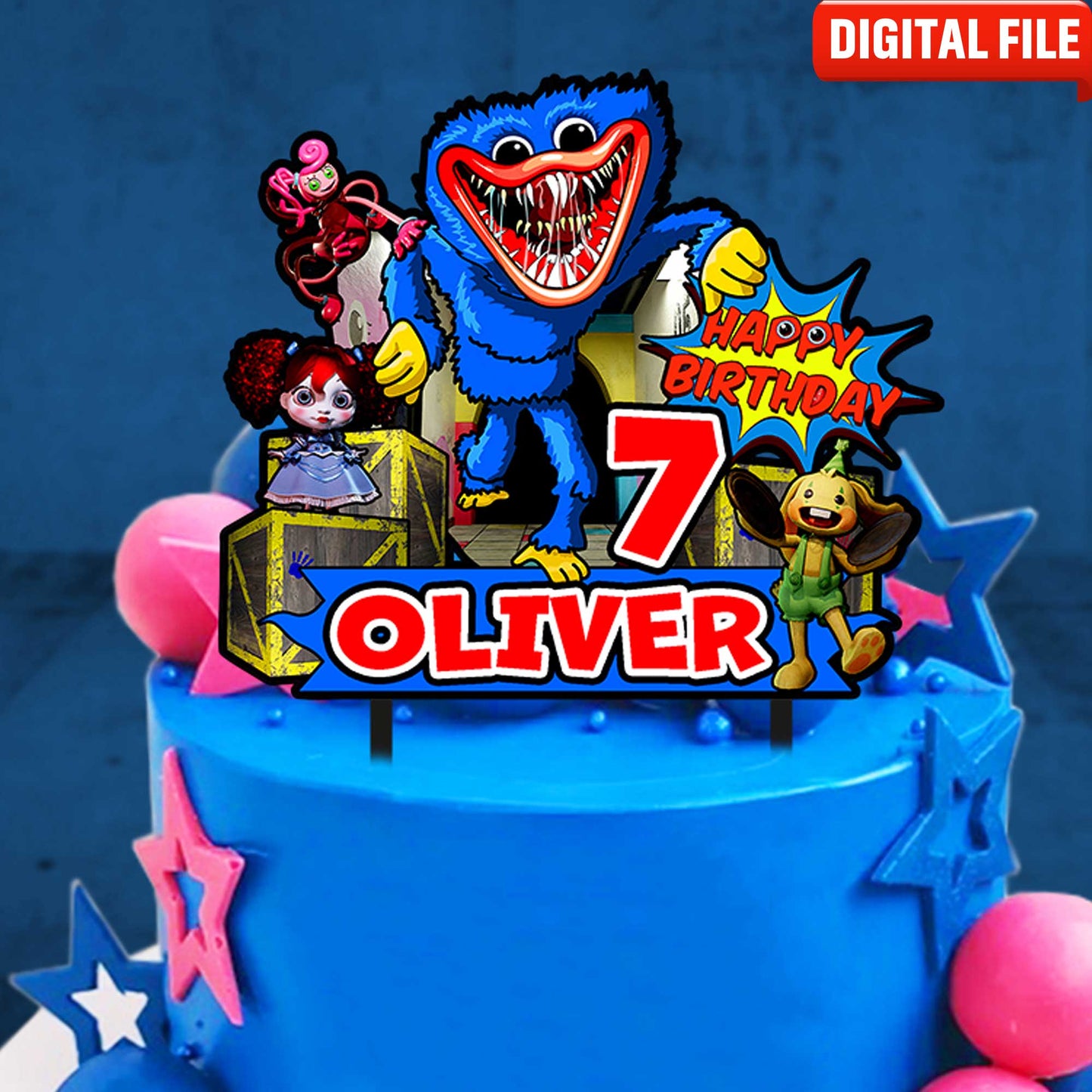 Personalized 3D Printed Huggy Wuggy Cake Topper - Perfect for Huggy Wuggy-Themed Birthdays and Parties!