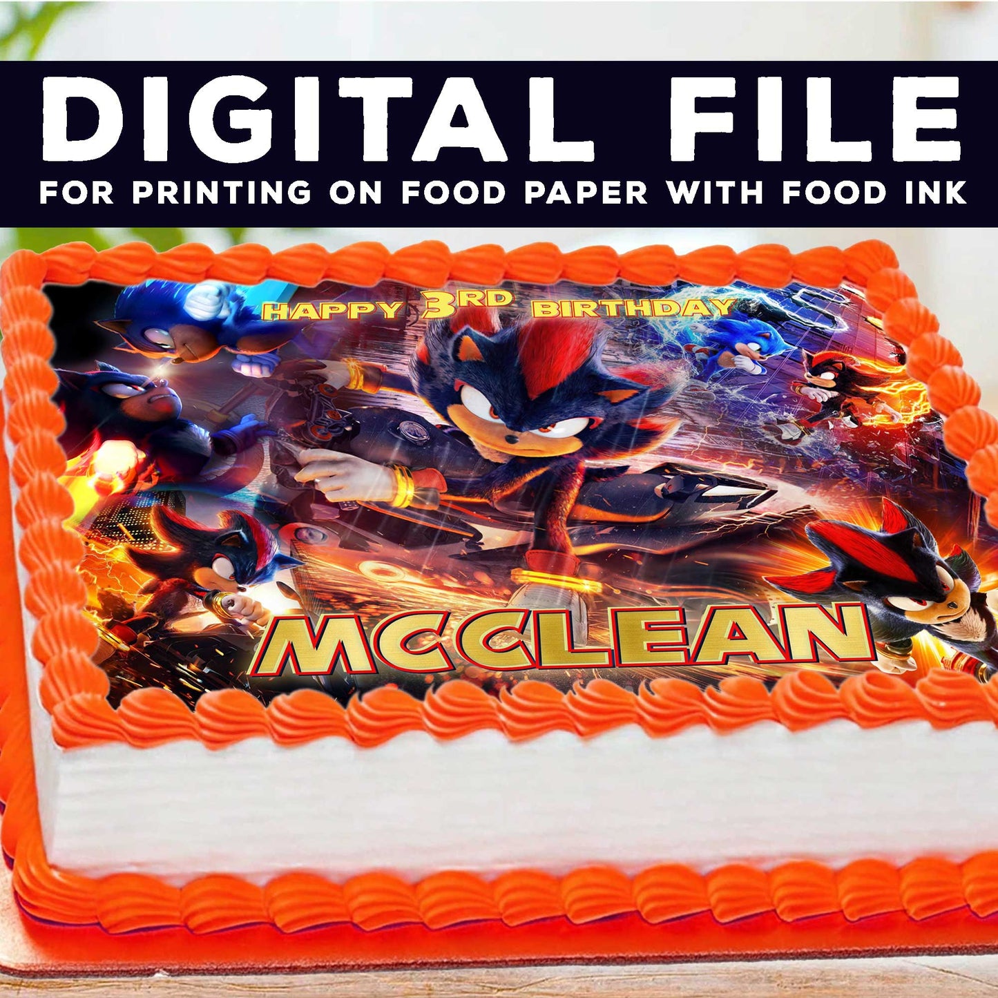 Essbarer Geburtstagskuchenaufsatz „Shadow the Hedgehog“ – Sonic-Thema – rechteckiges Design – Oblatenpapier, Zuckerfolie, Schokoladentransfer