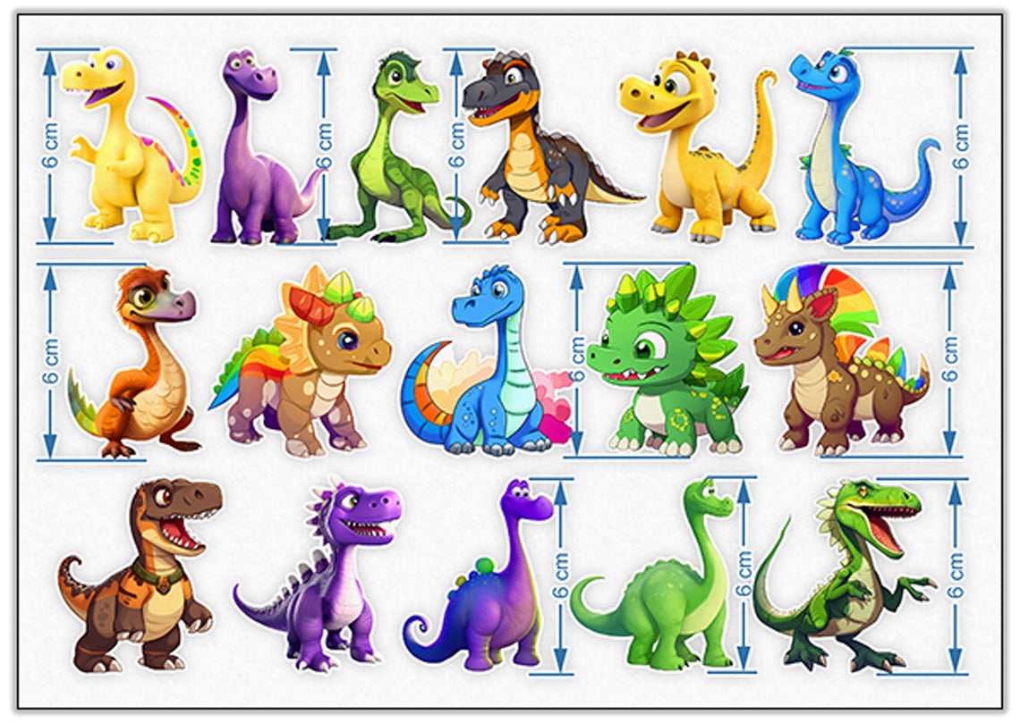 Dinosaurs Edible Cupcake Toppers - 16 Pre-Cut Pieces on Wafer Paper, Sugar Sheet, or without cutting Chocotransfer