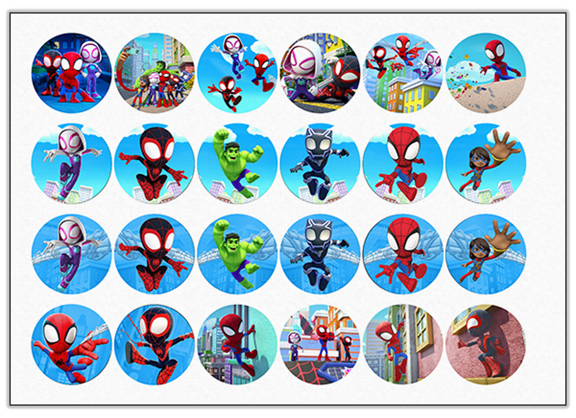 24 Spidey Edible Cupcake Toppers - Choose from Wafer Paper, Sugar Sheet, or Chocotransfer with No Cutting Required