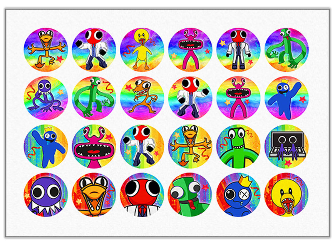 Rainbow Friends Edible Cupcake Toppers - 24 Pre-Cut Pieces on Wafer Paper, Sugar Sheet, or without cutting Chocotransfer
