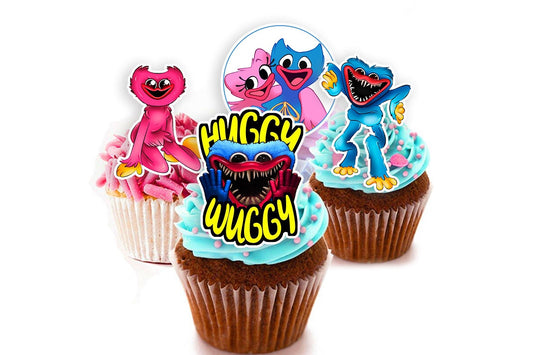 Pre-cut Huggy Wuggy Kissy Missy Edible Cupcake Toppers - 15 Pieces on Wafer Paper, Sugar Sheet, or without cutting Chocotransfer