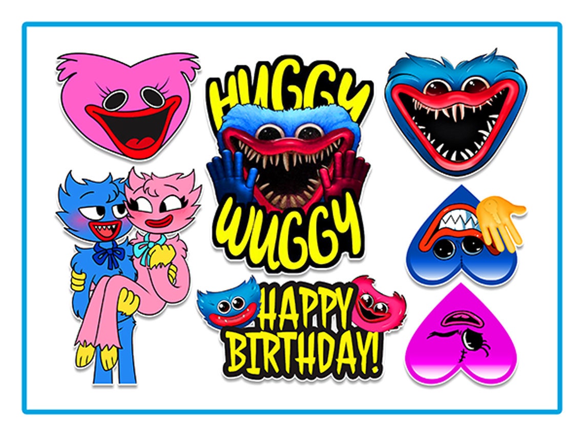 Set of 7 Huggy Wuggy Kissy Missy Edible Cake Toppers - Precut on Wafer Paper, Sugar Sheet, or without cutting Chocotransfer