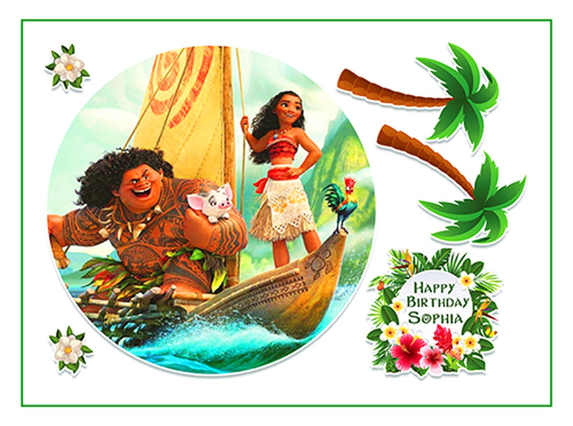 Set of 6 Moana Edible Cake Toppers - Precut on Wafer Paper, Sugar Sheet, or without cutting Chocotransfer