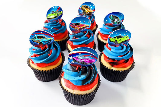 Race Cars Edible Cupcake Toppers - 24 Pre-Cut Pieces on Wafer Paper, Sugar Sheet, or without cutting Chocotransfer