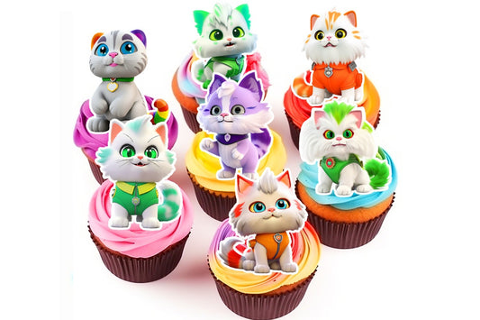 15 Kittens Edible Cupcake Toppers - Choose from Wafer Paper, Sugar Sheet, or Chocotransfer with No Cutting Required