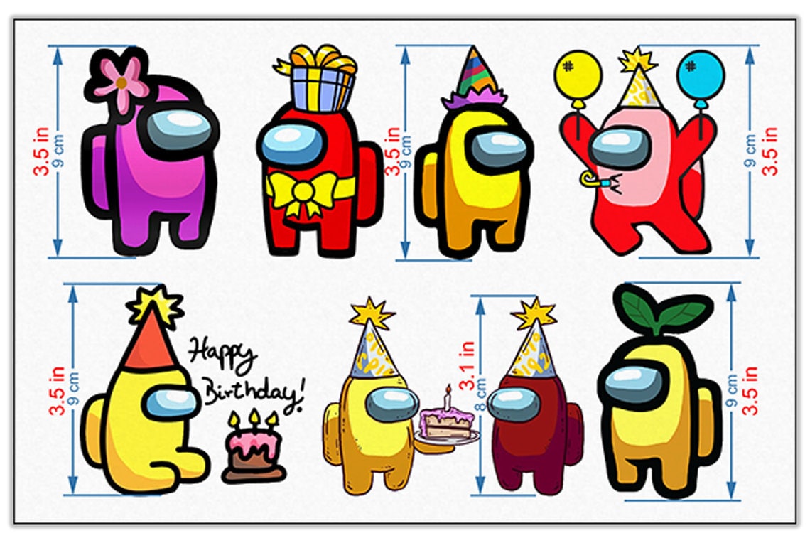 Set of 8 Among Us Edible Cake Toppers - Precut on Wafer Paper, Sugar Sheet, or without cutting Chocotransfer