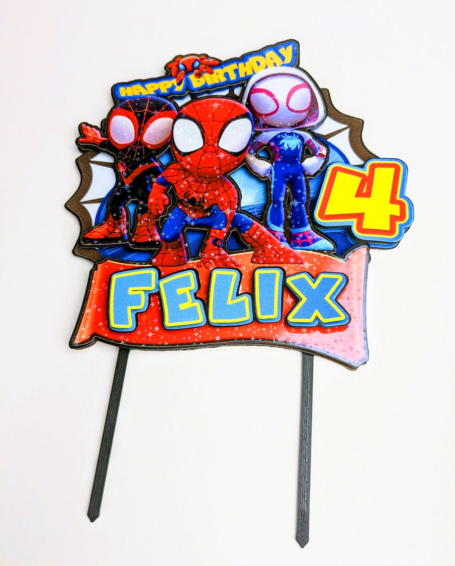 Spidey-Geburtstags-Kuchenaufsatz aus Kunststoff, Spidey-Themenparty, personalisierter Kuchenaufsatz