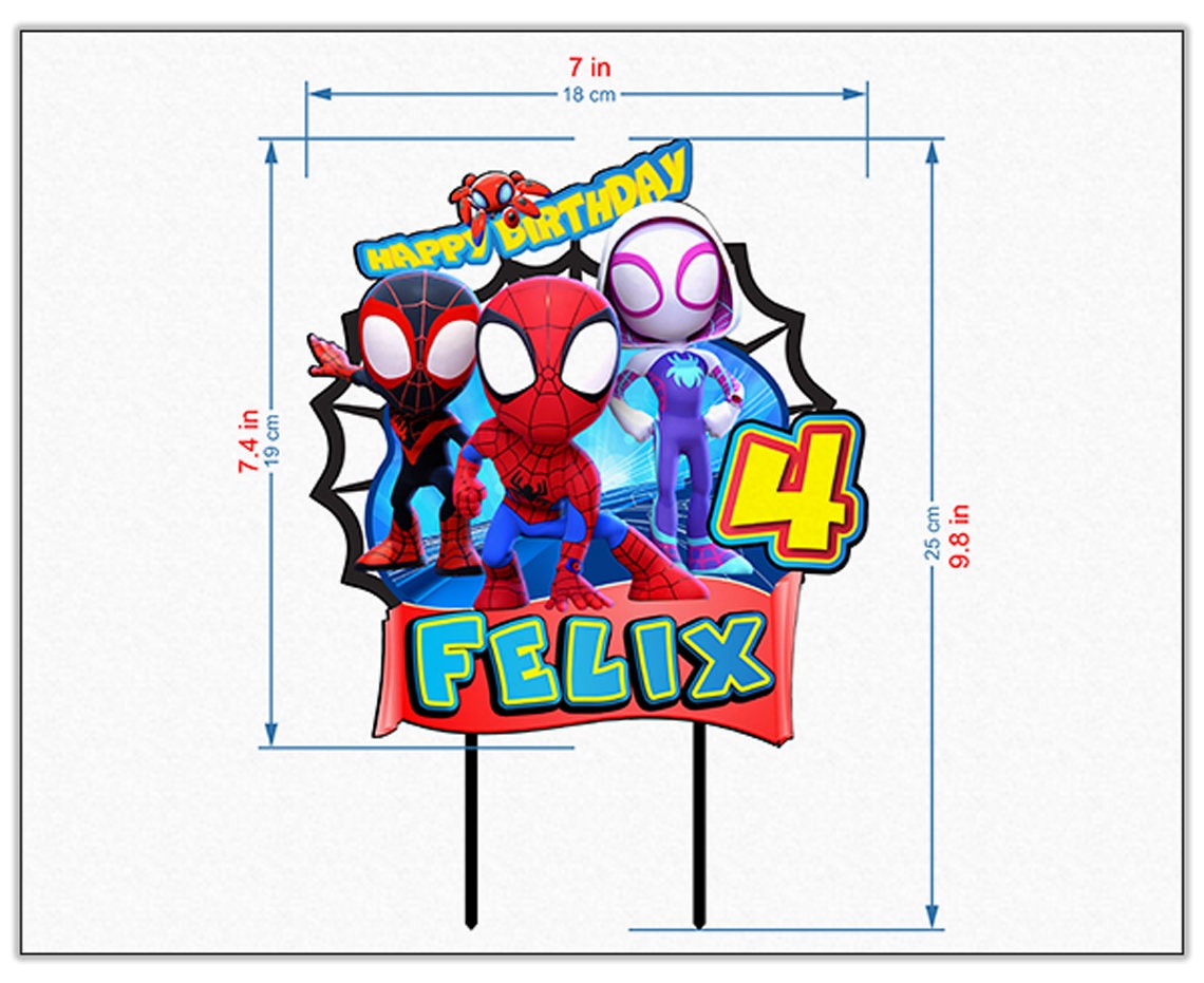 Spidey-Geburtstags-Kuchenaufsatz aus Kunststoff, Spidey-Themenparty, personalisierter Kuchenaufsatz