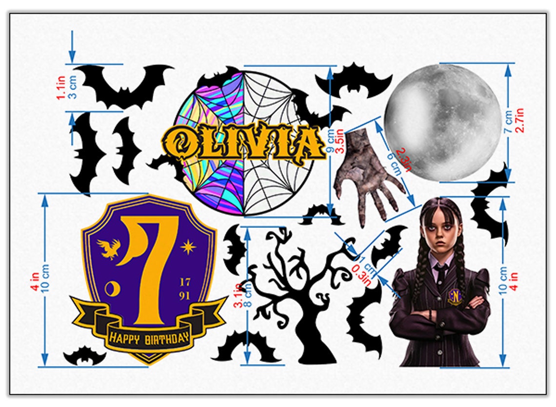 Set of 17 Wednesday Addams Edible Cake Toppers - Precut on Wafer Paper, Sugar Sheet, or without cutting Chocotransfer