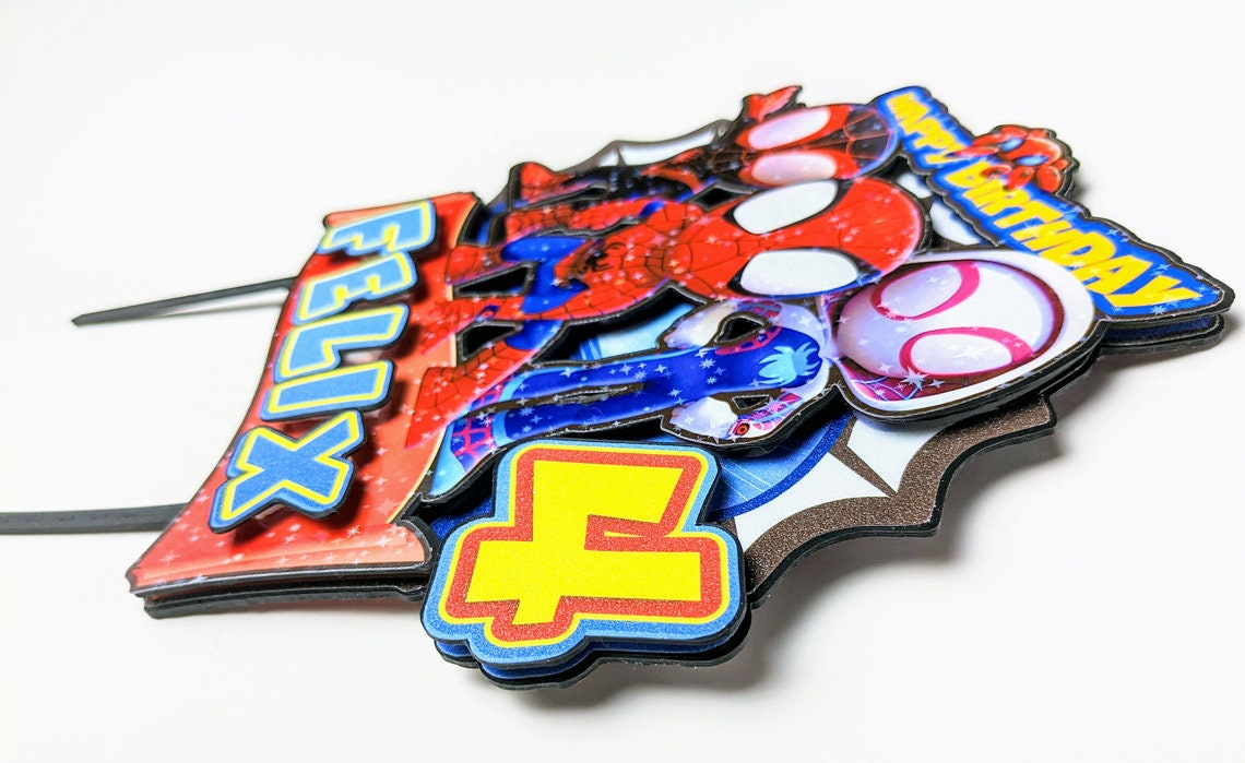 Spidey-Geburtstags-Kuchenaufsatz aus Kunststoff, Spidey-Themenparty, personalisierter Kuchenaufsatz