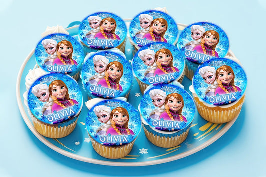 Frozen Edible Cupcake Toppers - 24 Pre-Cut Pieces on Wafer Paper, Sugar Sheet, or without cutting Chocotransfer