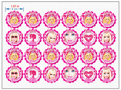 Edible Barbie cupcake toppers with personalization 24 ready-made pieces - on waffle paper, sugar sheet or no-cut Chocotransfer