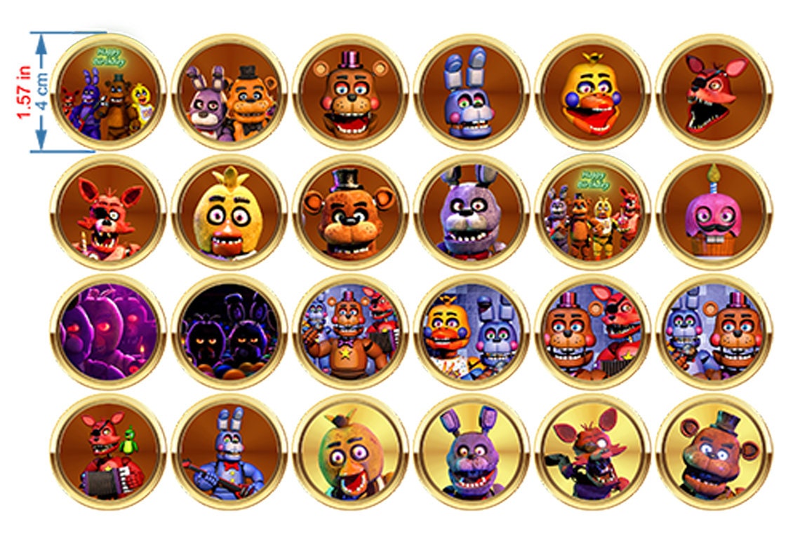 24 Five Nights at Freddy's Edible Cupcake Toppers - Choose from Wafer Paper, Sugar Sheet, or Chocotransfer with No Cutting Required