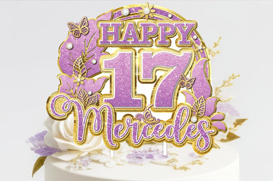 Enchanting Birthday Bliss: Custom Purple and Gold Cake Topper with Age and Name – Vector Floral Elegance