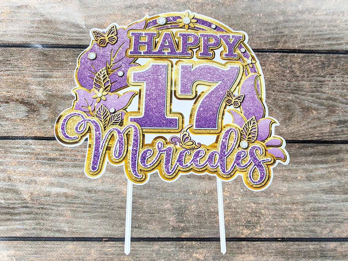 Enchanting Birthday Bliss: Custom Purple and Gold Cake Topper with Age and Name – Vector Floral Elegance