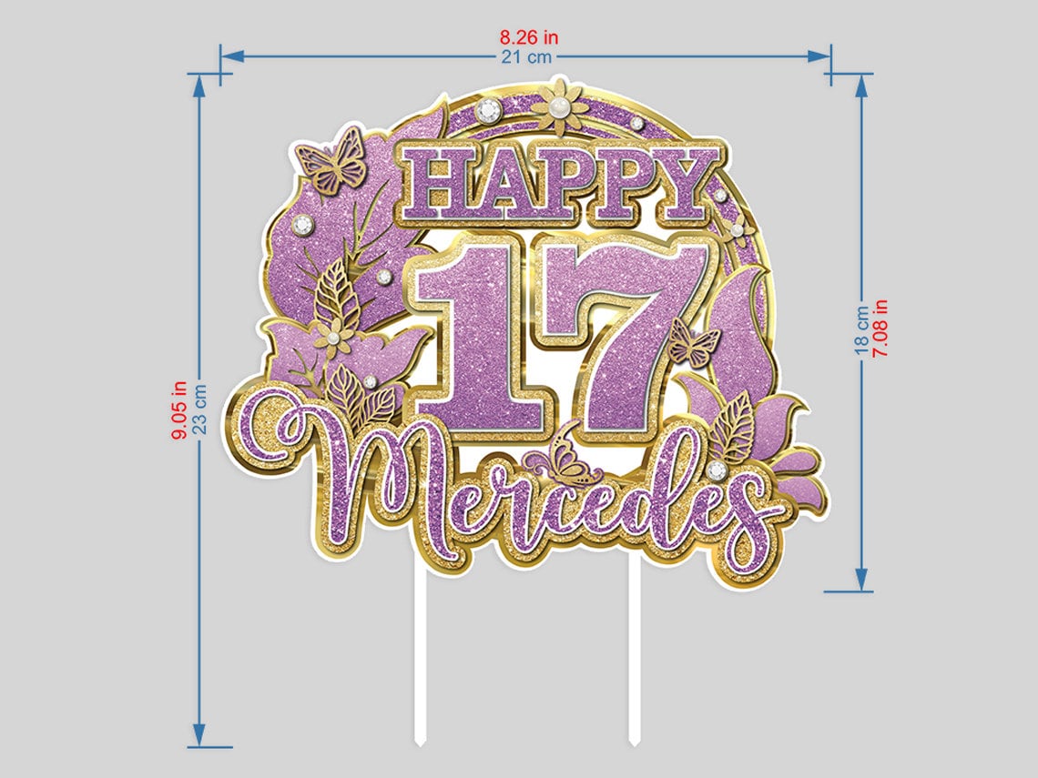 Enchanting Birthday Bliss: Custom Purple and Gold Cake Topper with Age and Name – Vector Floral Elegance