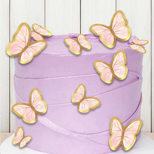 15 Pink and Gold Butterfly Edible Cake Toppers – Elegant Wafer Paper Decorations for Cakes and Cupcakes