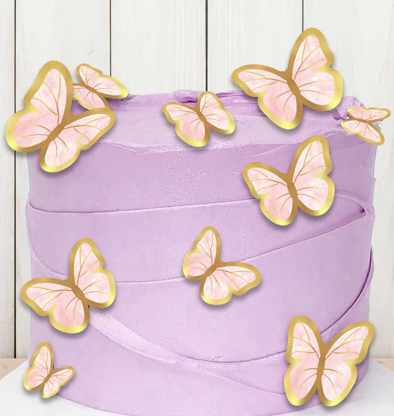 15 Pink and Gold Butterfly Edible Cake Toppers – Elegant Wafer Paper Decorations for Cakes and Cupcakes