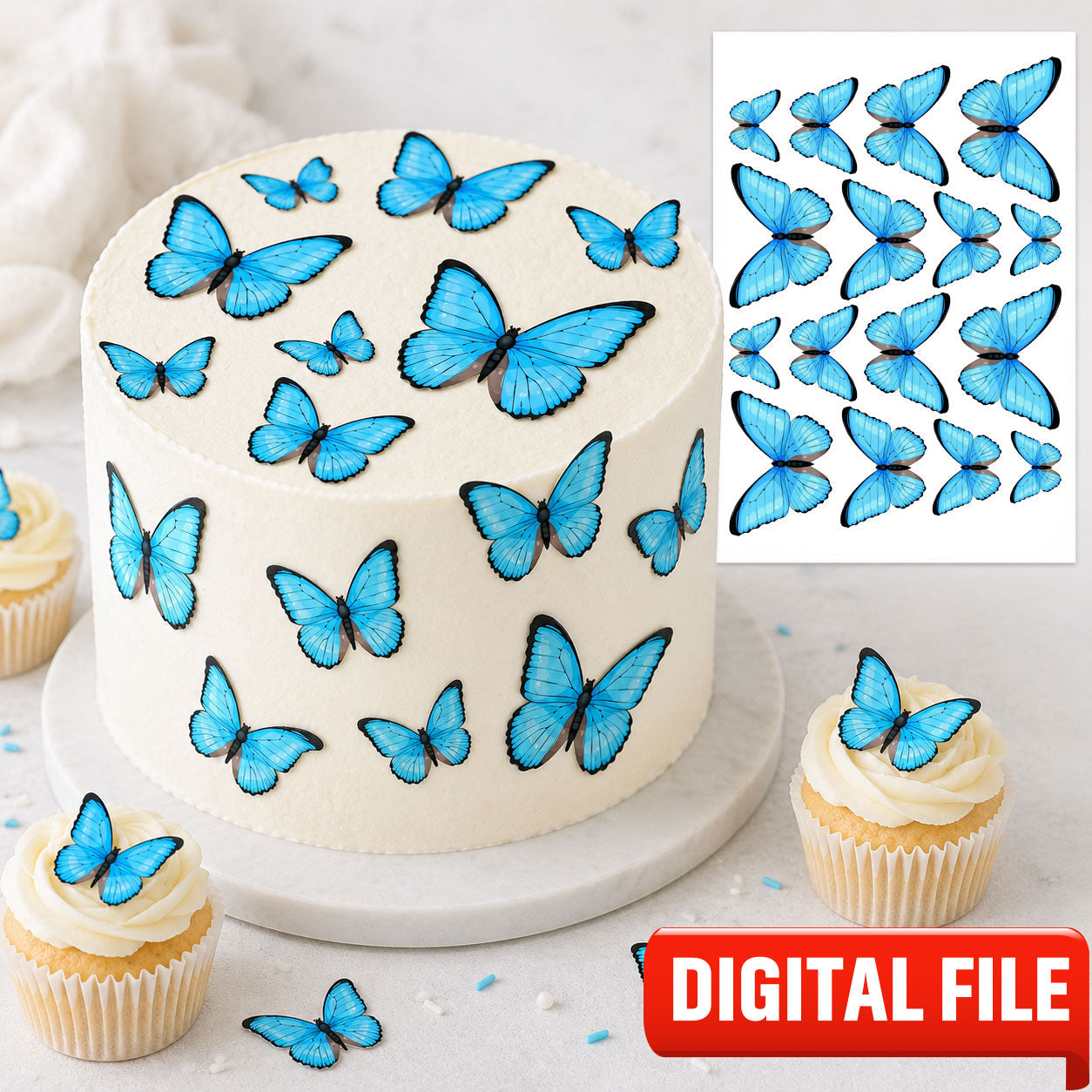 Digital file preview for blue butterfly cake toppers, printable sheet of 16 edible butterfly designs