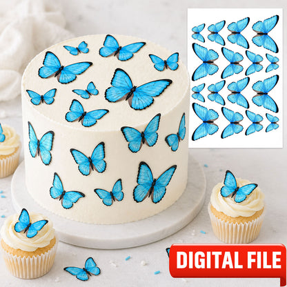 Digital file preview for blue butterfly cake toppers, printable sheet of 16 edible butterfly designs