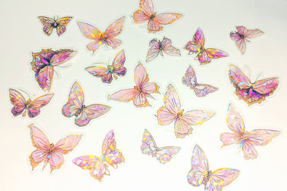 20pcs Rose Holographic Butterfly Stickers - Waterproof PET Crystal Laser Stickers for Scrapbooking, DIY Crafts, Journaling, and Decoration